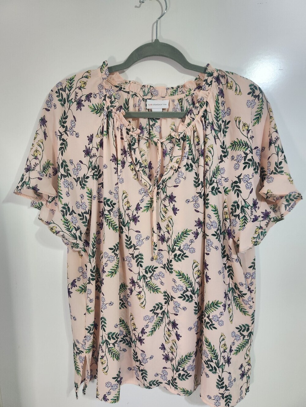Liz CLAIBORNE Floral Ruffle Sleeve Peasant Top - Blush, size 1x